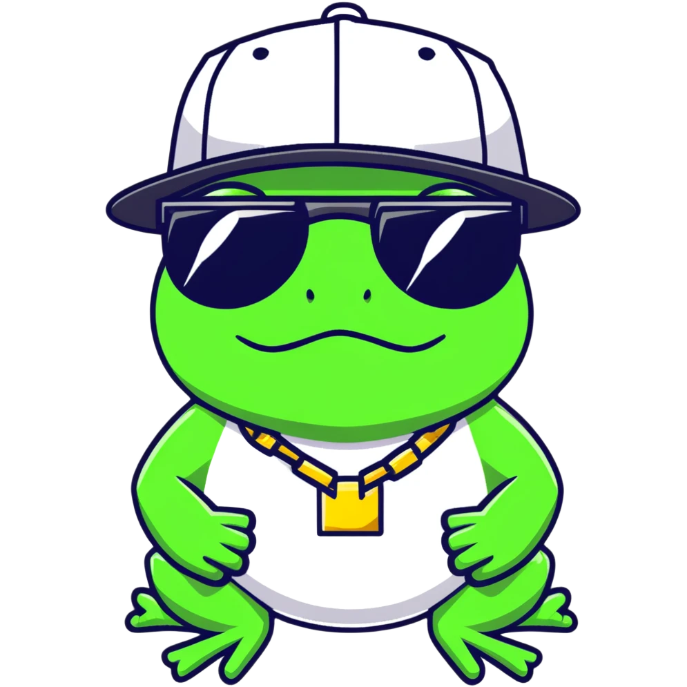 thug life frog with pixelated black sunglasses, gold chain, snapback hat, tough gangster pose emoji