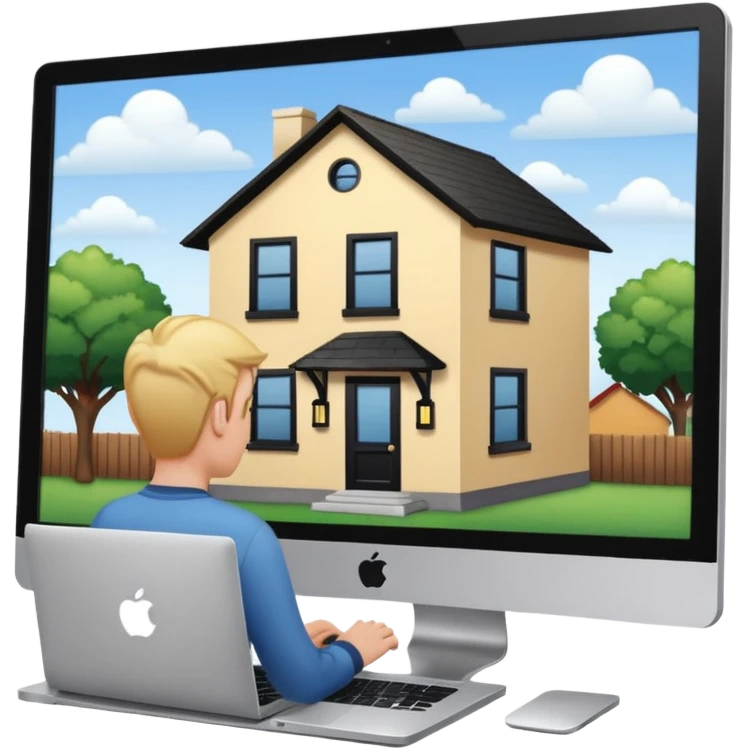 3rd emoji, but I want a blob to be inside thethat house, working in mac laptop, which is seen from window emoji