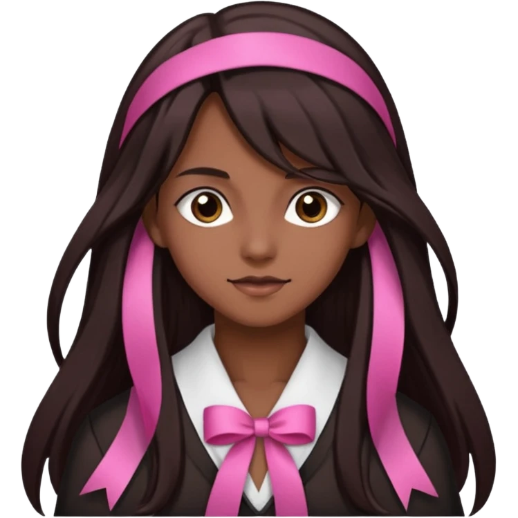 arikan, dark long hair whit pink ribbons. brown skin emoji