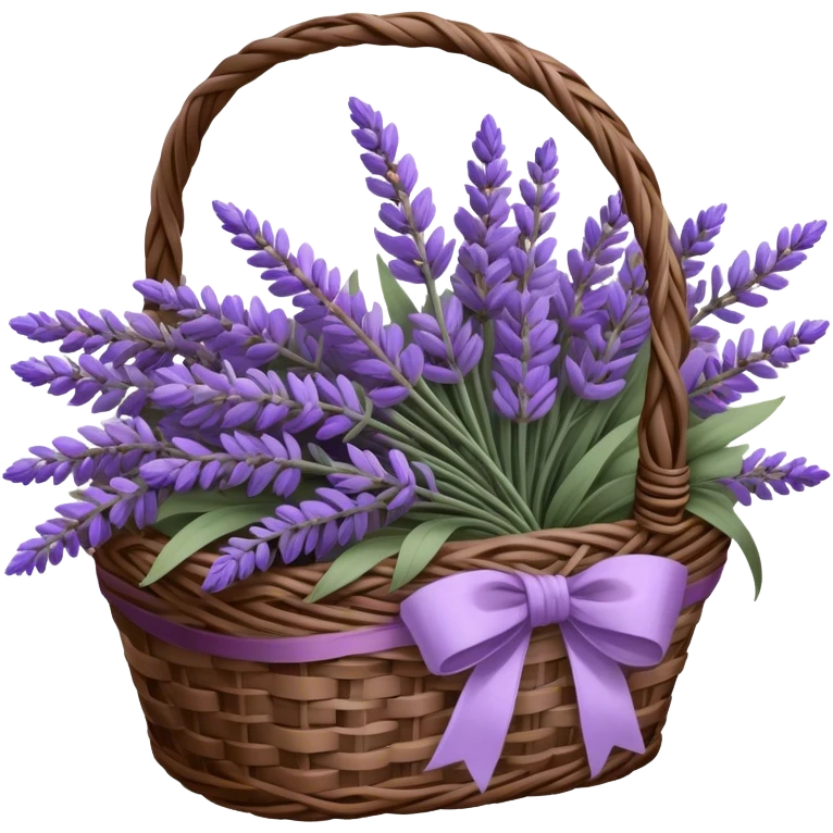 A carefully arranged lavender bouquet, interwoven with hints of muted wisteria and smoky violet, rests inside a vintage wicker basket, its stems spilling over in a cascade of soft, fragrant beauty. A loosely draped silk ribbon in shades of lavender and aubergine weaves through the handle, catching the light as it gently sways in the breeze.
 emoji