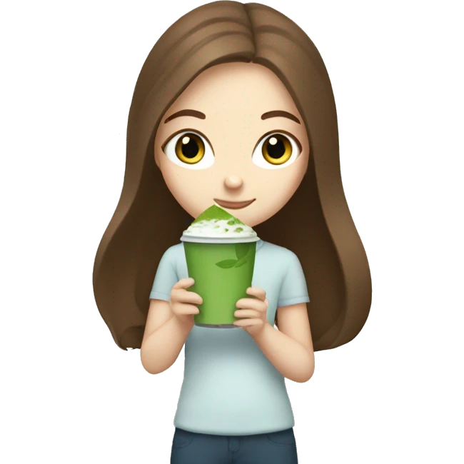 white girl with long brown hair and blue eyes holding a matcha  emoji