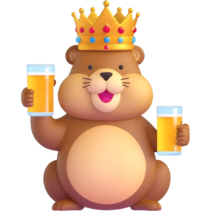 beaver with a crown on head holding a glass of beer emoji