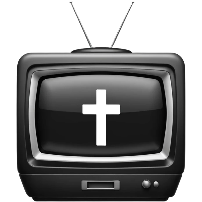 Minimalist emoji-style sticker of a CRT TV in the shape of a coffin, with a cross or static noise on the screen. Desaturated design.  emoji