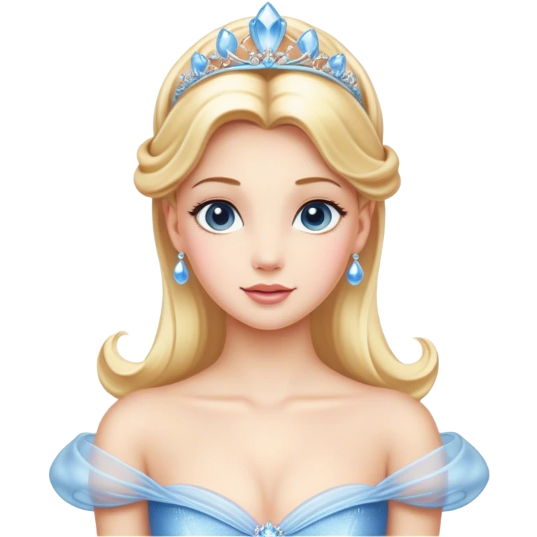Cinematic Elegant Cinderella Portrait Emoji, rendered in a cinematic, vector-style with minimal shading and bold, simplified shapes. Depict Cinderella in her classic ball gown (chest and above) with fair, porcelain skin and elegantly styled blonde hair, her eyes soft and kind, and her expression serene and graceful. The design glows with a gentle, enchanting radiance and high shine, capturing the timeless beauty of a fairy tale princess. emoji