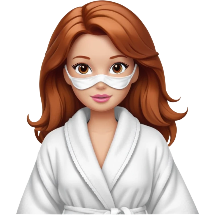 A Barbie face with shoulder-length reddish-brown hair, makeup, a smeared face mask, and a bathrobe. emoji