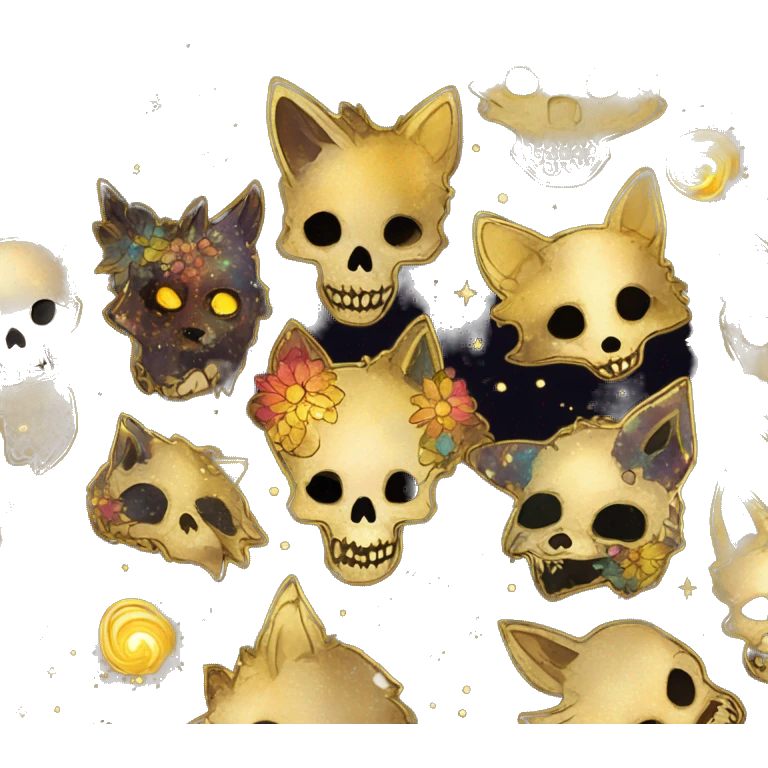 iridescent kintsugi fluffy zombie black brown gold dog fox head zombie skull skeleton gold mechanical nebula galaxy stars colorful flowers fairy lights vintage zombie emoji