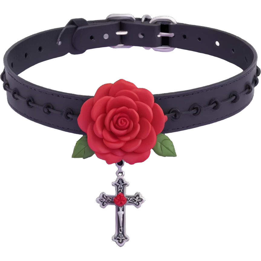 gothic choker with crimson velvet band, black cross pendant, deep red rose centerpiece, dramatic and gothic emoji