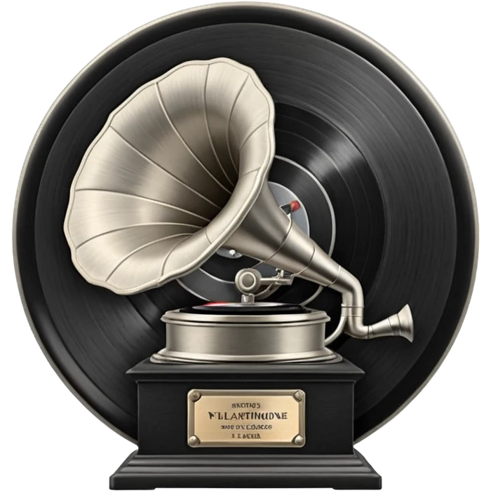 A dark metal platinum music award plaque The center features a relief of a vintage gramophone or stylized vinyl record in a slightly darker metallic tone emoji