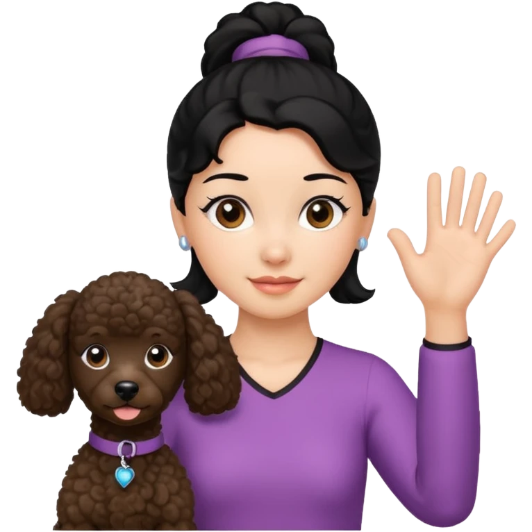 Ponytail black hair girl with brown Poodle say goodbye  emoji