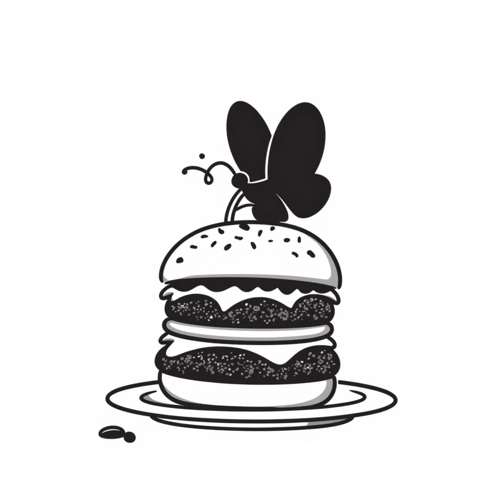 black butterfly sitting on a burger emoji