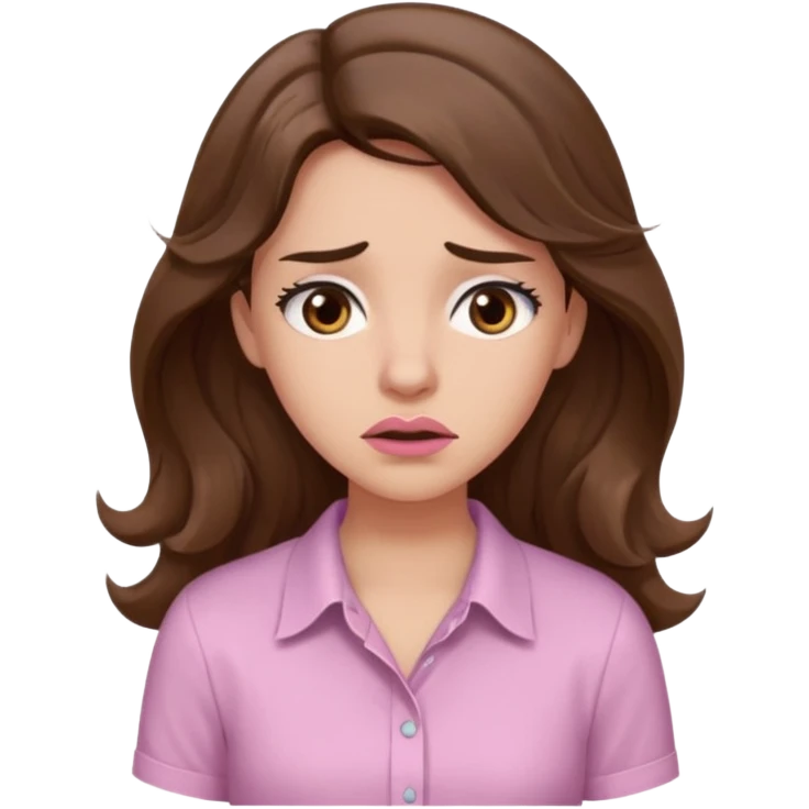 girl with wavy long brown hair, brown eyes, light to medium complexion, long lashes, light pink lipstick, wearing light pink shirt, shrugging, confused emoji