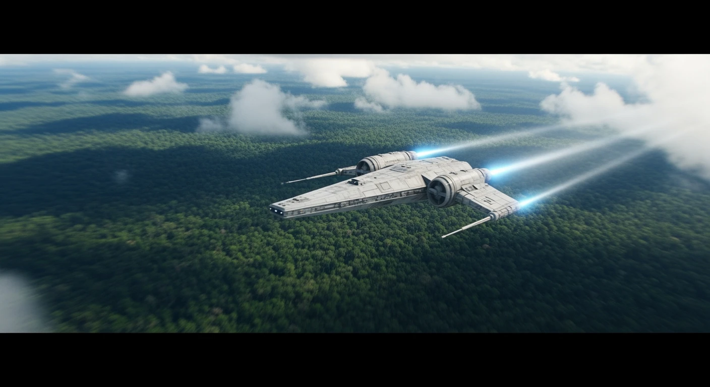 cinematic still, motion blur shutter speed, establishing shot, shot from top, amazon jungle from top,  starship around clouds, inspired by StarWars movie, captured by arri alexa emoji