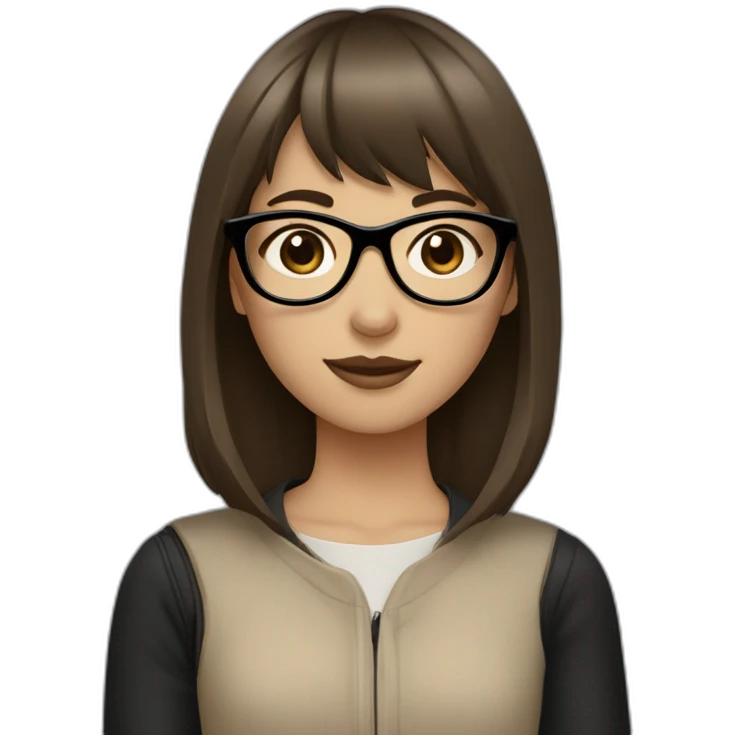 a girl with medium-length brown hair and straight bangs and brown eyes wearing black glasses and beige clothes reminding a fish in its style emoji