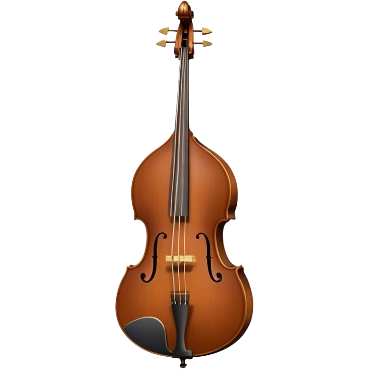 Create an elegant and refined emoji representing a double bass. The design should showcase the tall, curved wooden body of the double bass with its rich brown finish and visible details such as the tuning pegs, fingerboard, and bridge. Highlight the thick strings and the prominent scroll at the top of the neck. Add a bow resting near the instrument to emphasize its role in classical music. Use deep wood tones like chestnut brown and subtle gold or silver accents for the tuning pegs and strings. The background should be transparent. emoji