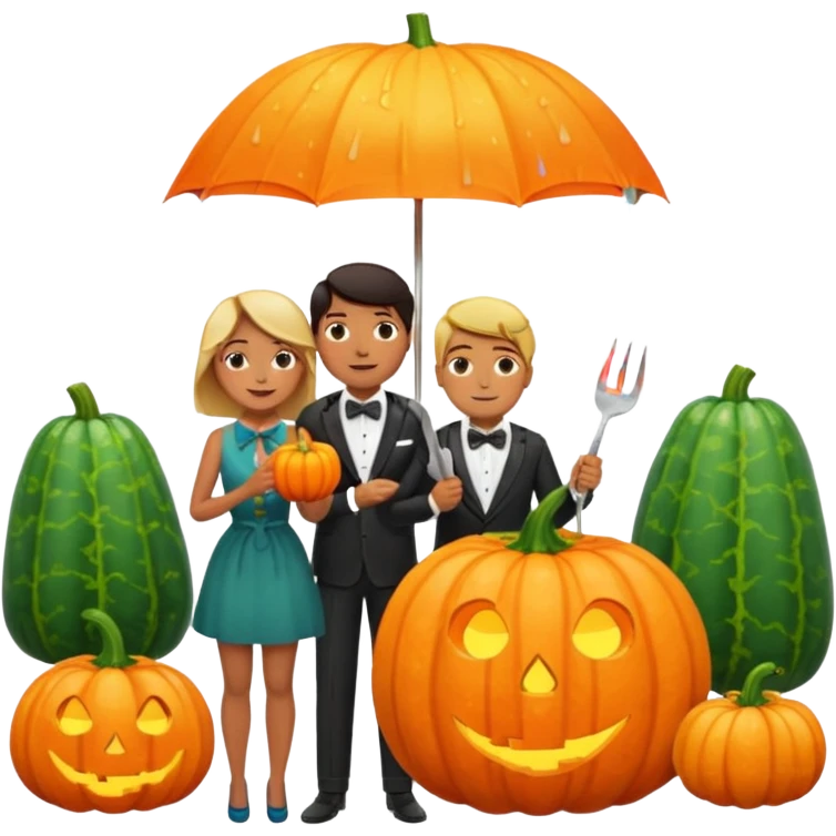 Make a guy hugging a giant pumpkin with a fork in his right hand while there's fire while there's a lady watching while it's raining while there's an umbrella on the ground that's alive and the sun has a bow tie on his neck emoji