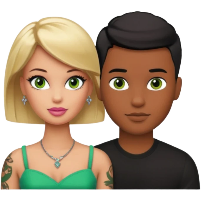 Brown skin blonde hair barbie with her boyfriend with black short hair and green eyes with tattoos emoji