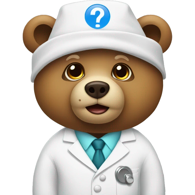bear wearing lab coat with big question mark emoji
