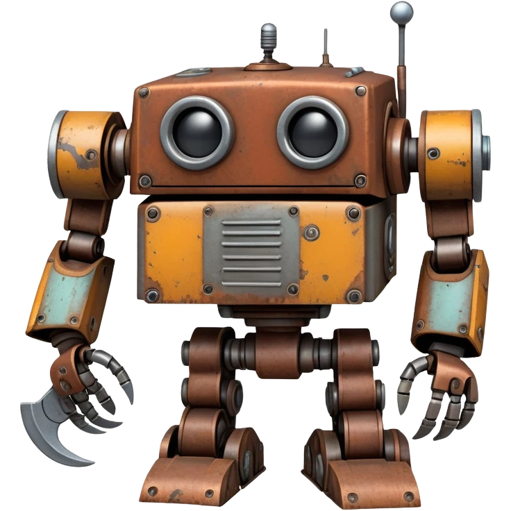 Rusted scavenger robot with patchwork body plates and collection tools attached emoji