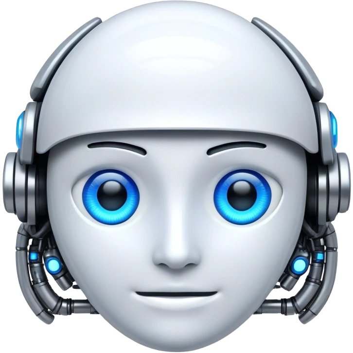 A sleek, futuristic emoji representing artificial intelligence, featuring digital circuits, glowing eyes, and a modern tech aesthetic. emoji