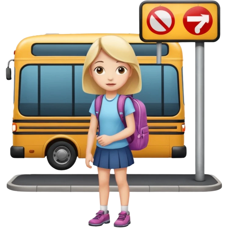 girl standing at a bus stop with a backpack emoji