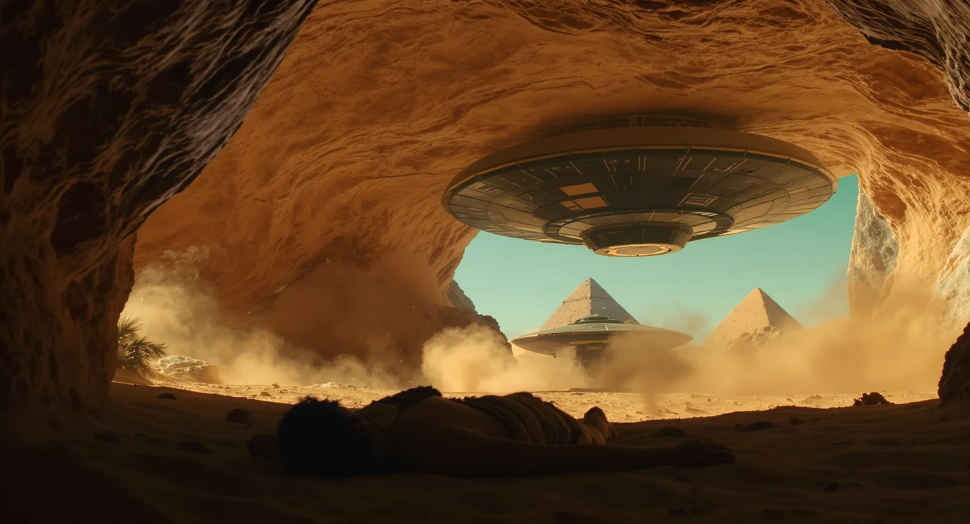 cinematic still, documentary photography, acient egypt, back shot of a man dress in ancient clothes in cave (frame in frame effect) on ground laying front of small ufo starship, sand flying around, palms, dynamic scane, leading lines, captured by arri alexa, depth layers, piramids in babckground emoji