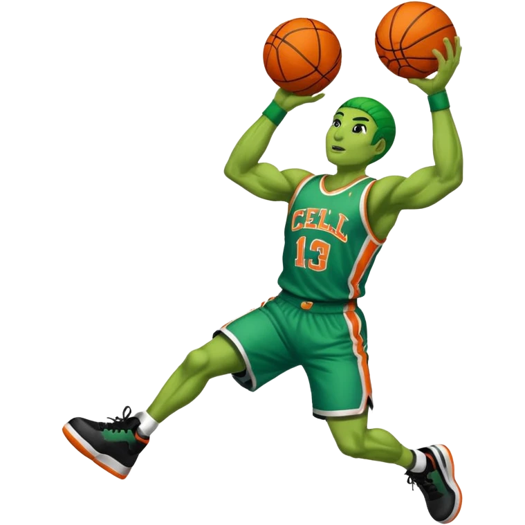 Cell from the anime-dragonball dunking a basketball with a jersey name cell emoji