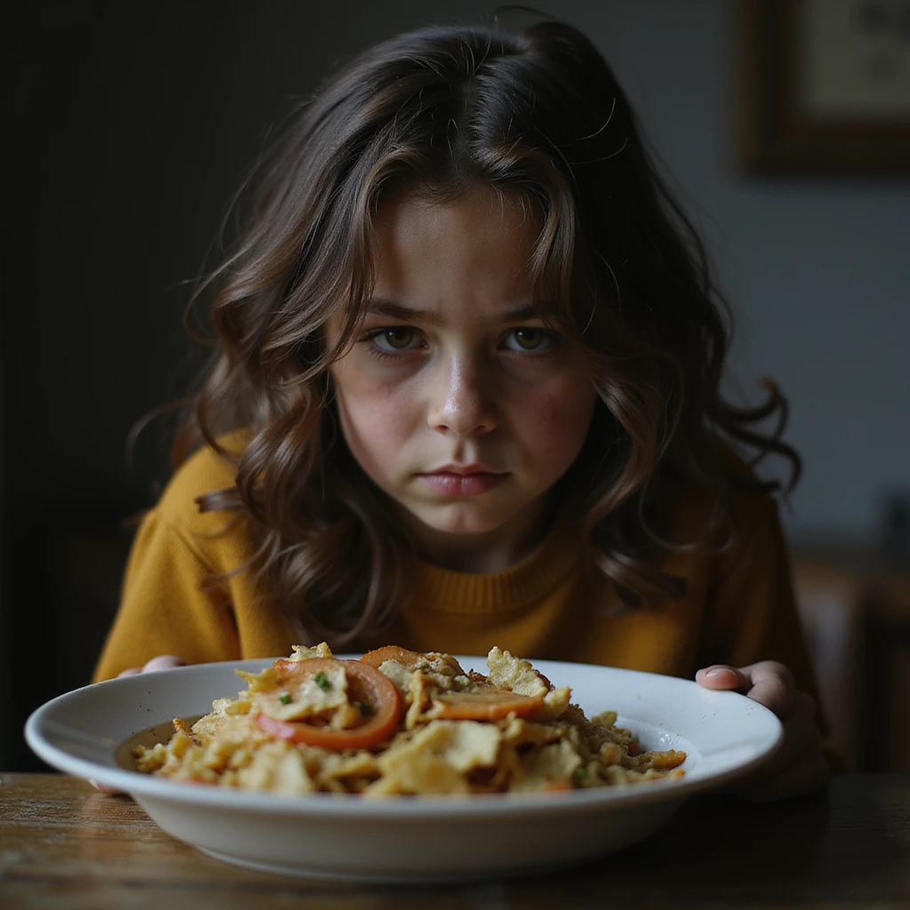donna triste che mangia insalata, espressione triste, iperrealismo 4K, variazione 5 emoji