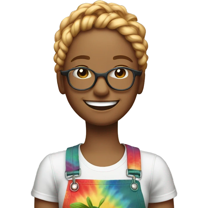 gardening lady with two red and blonde braids and tie-dye t-shirt and glasses white skin and big smile emoji