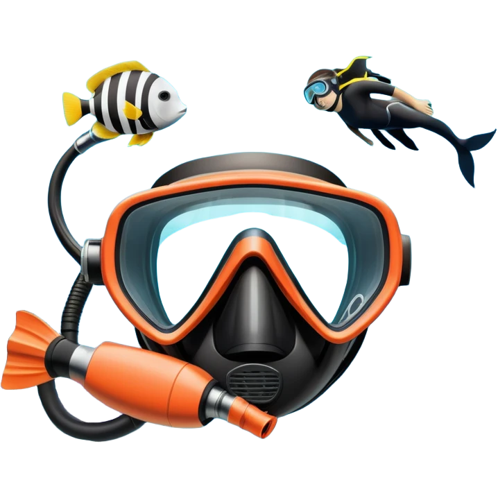 An icon featuring a close-up of a diving mask, snorkel, and fins floating on the surface of vibrant blue water. In the background, coral reefs and tropical fish create a lively underwater scene. Transparent background highlights the beauty and adventure of the diving experience. emoji