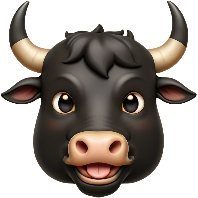 Cinematic Comical Black Bull Portrait Emoji, Head tilted dramatically with an exaggeratedly amused expression, featuring a striking, glossy black hide with a bold natural sheen, wide, expressive dark eyes filled with playful disbelief, Simplified yet hilariously expressive features, highly detailed, glowing with a slightly sassy glow, high shine, dramatic yet playful, stylized with an air of cheeky mischief, bright and endearing, soft glowing outline, capturing the essence of a spirited and over-the-top bull, so meme-worthy it feels like it could charge its way into internet fame instantly! emoji