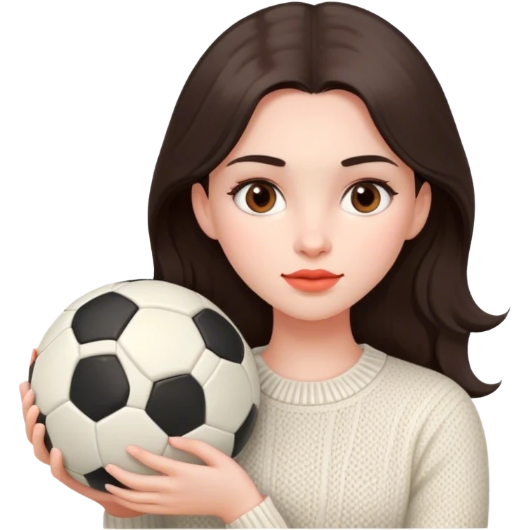 pale girl with soft and long dark brown hair and dark brown eyes, coral-colored lip, Holding a soccer ball, Wearing ivory knitwear with no graphics or pattern emoji