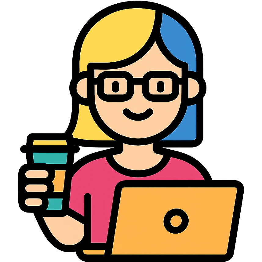 A girl with blonde hair and blue hair wearing glasses holds a laptop and a glass of coffee emoji