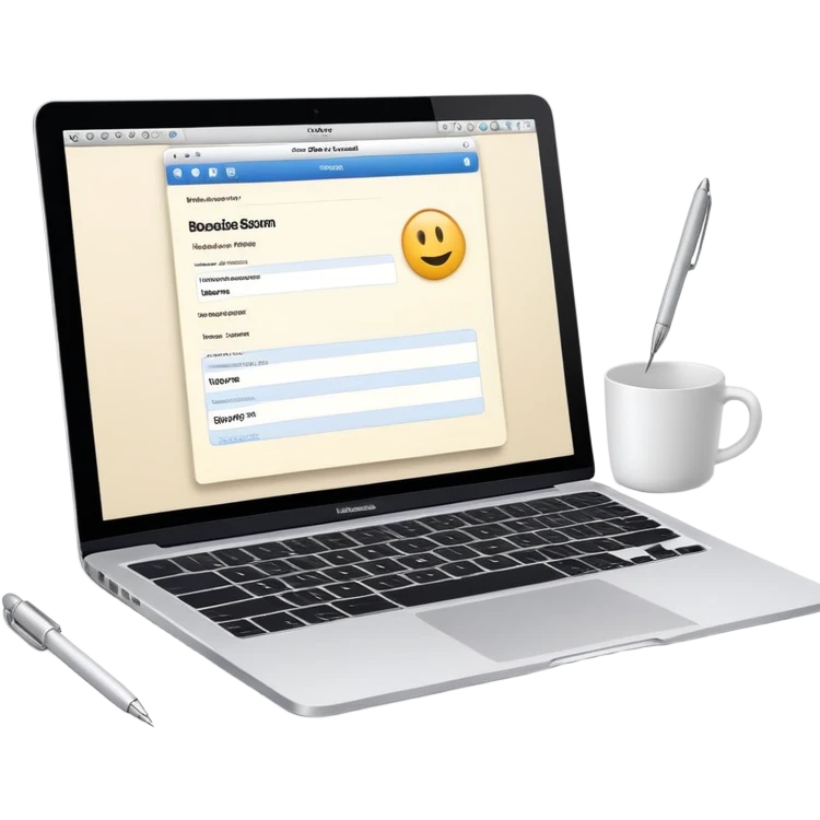 online booking system on MacBook screen next to an old-style paper notebook with a pen emoji