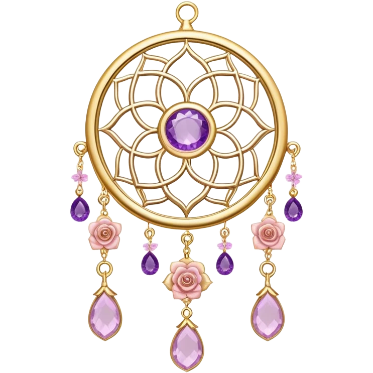 Epic beautiful gorgeous cute gold suncatcher, threads with shiny sparkly amethyst and rose-quartz gemstones, flowers,  emoji
