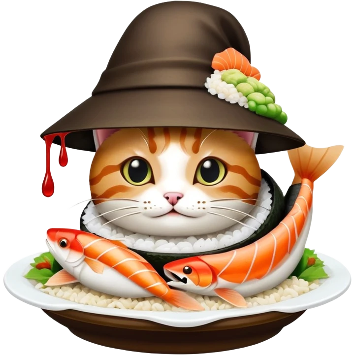 cat wearing a sushi hat with rice base, multiple fish pieces on top, wasabi accent, and lots of soy sauce heavily dripping down the sides, abundant sauce flowing from sushi hat emoji