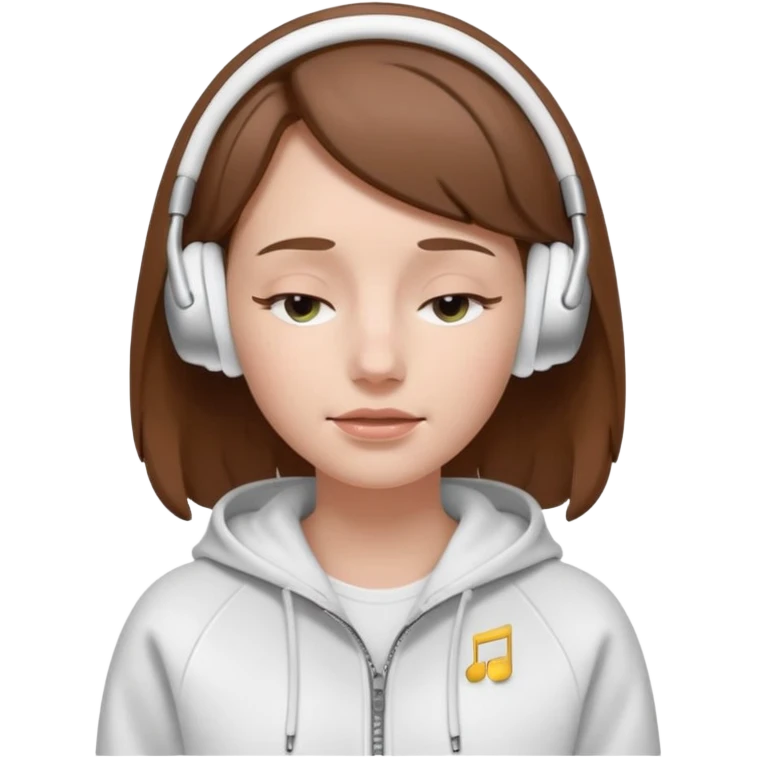 A clean, minimal emoji-style illustration of a white girl with brown hair worn loose. Her eyes are closed while listening to music with silver AirPods Max. She’s wearing a white zip-up hoodie. Smooth 3D emoji style, soft lighting, neutral tones. emoji