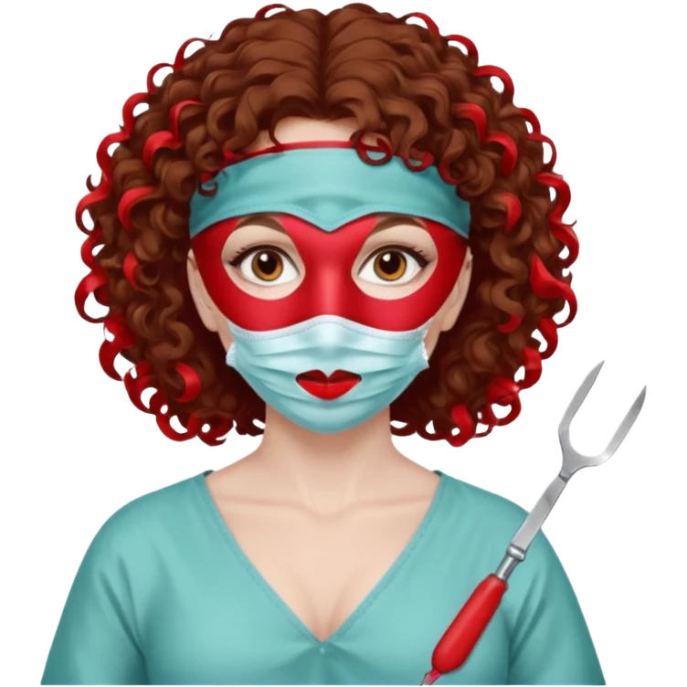 Lilith symbol seductress evil surgeon. Hair curly, and brown. Long curly brown hair. Red surgical mask and hair covering. She works for cartel and kills  with a scalpel. emoji