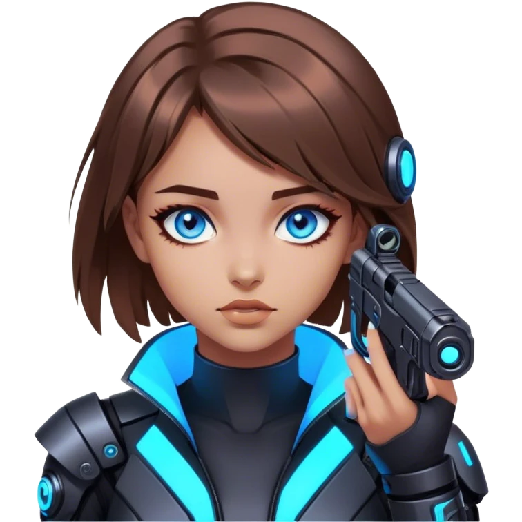 Neon cyberpunk style 
girl with brown hair and blue eyes 
shoots emoji