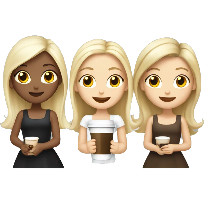 Four beautiful white european girls, one with blond hair and two dark blond hair in dresses have coffee emoji