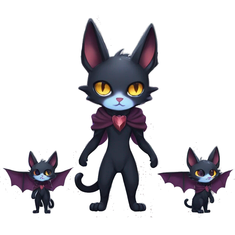   cool edgy beautiful anime-style ethereal dark-punk-themed animal vampiric cat-hybrid Fakemon with fangs and bat-wing-ears with a cape full body emoji
