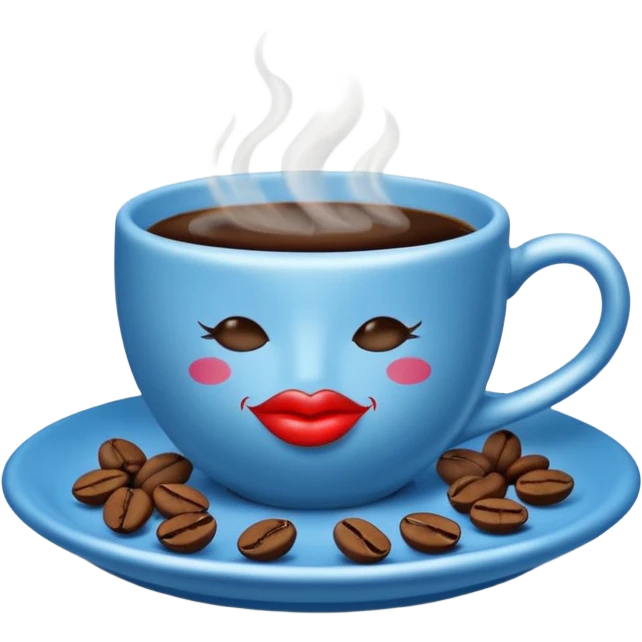 A steaming cup of coffee is visible. The blue cup has a kissing lips print and sits on a blue saucer filled with coffee beans. emoji