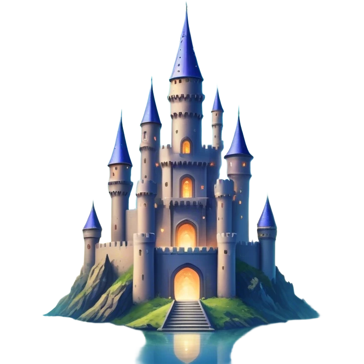 Icon for Fantasy and Sci-Fi Movies: A magical collage with flying dragons. futuristic spaceships and UFOs. Stars and planets shimmer in the background with a mystical castle Hogvards an ancient wizard and robots. The atmosphere is epic, otherworldly and adventurous. Transparent background. emoji