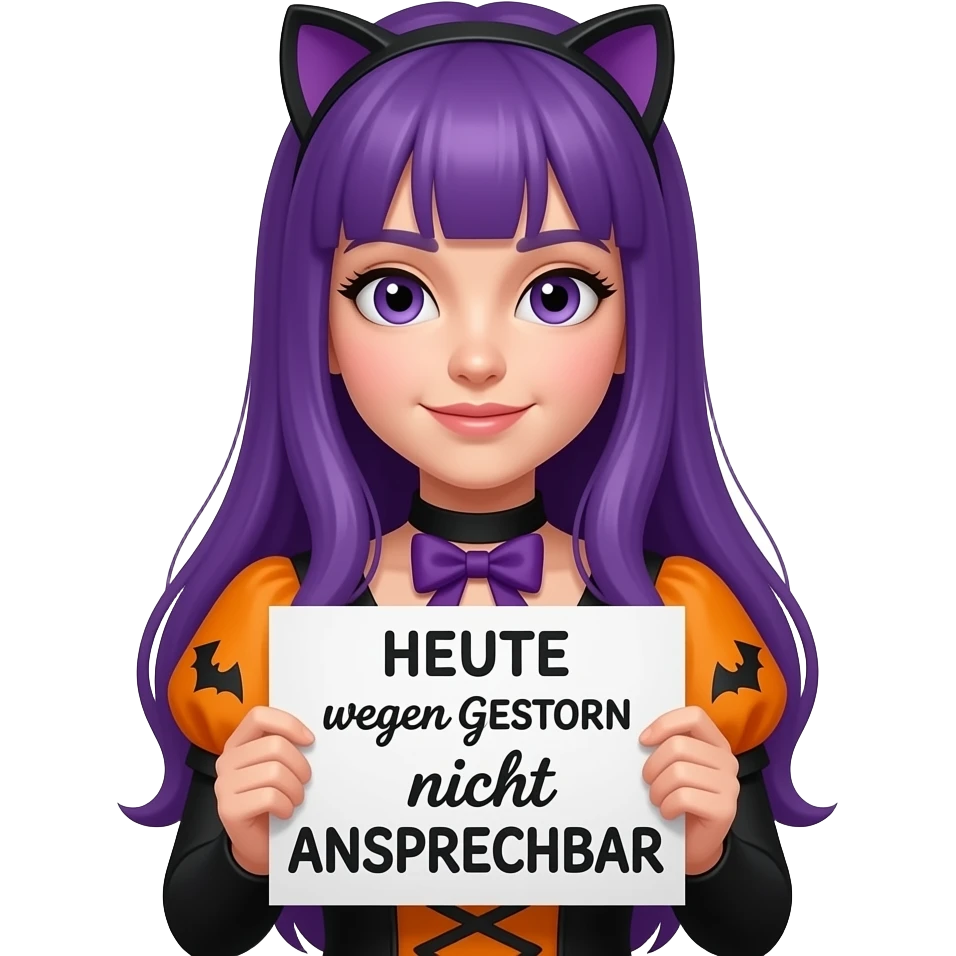 girl with long purple hair wearing a halloween costume holding a HEUTE wegen GESTERN nicht ANSPRECHBAR sign emoji