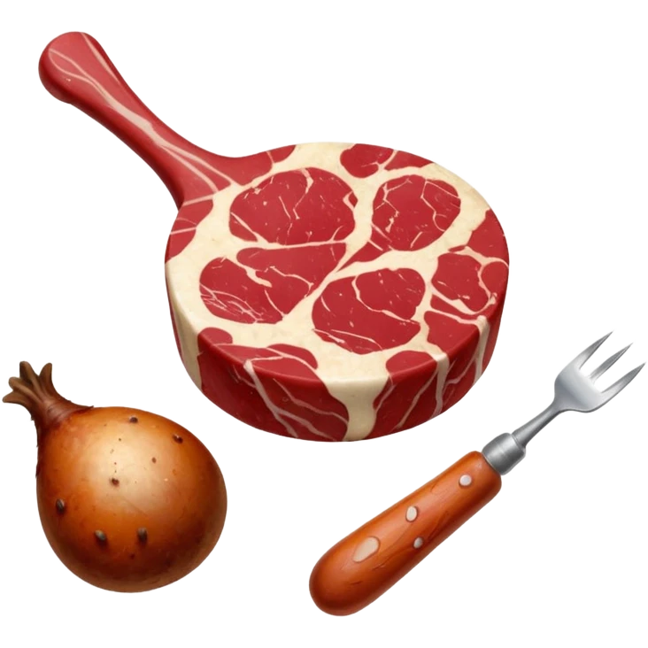 A raw red steak with visible marbling placed next to a small chicken drumstick. emoji
