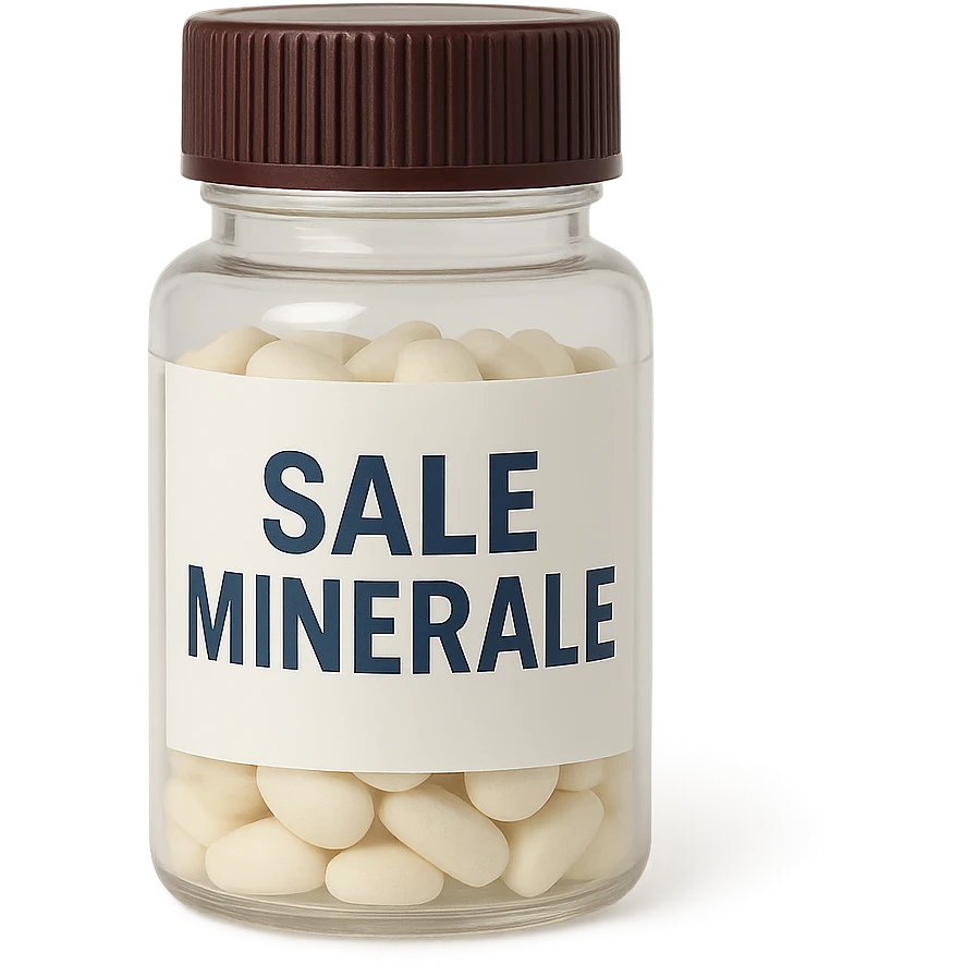 boccetta di integratore con la scritta "SALE MINERALE" SULL'ETICHETTA emoji