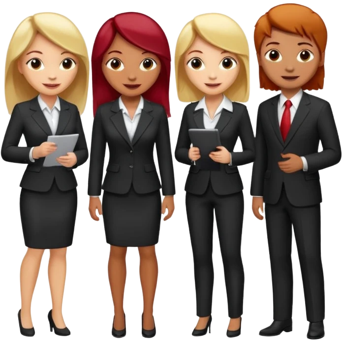 сделай деловых 4 коллег, которые радостно что-то обсуждают. все должны быть светлокожими и с разным цветом волос -блонд, черный, шатен, рыжий emoji