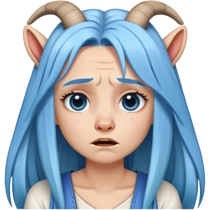 White female-crying-gorgeous face-long straight blue hair-dressed as a goat emoji