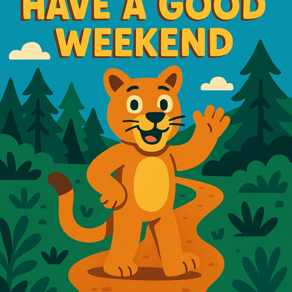 a cartoon cougar waving on a forest trail, with the words 'Have a good weekend' in a playful font emoji