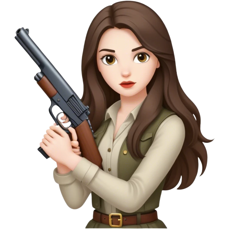 beautiful pale brunette girl with long hair with a gun emoji