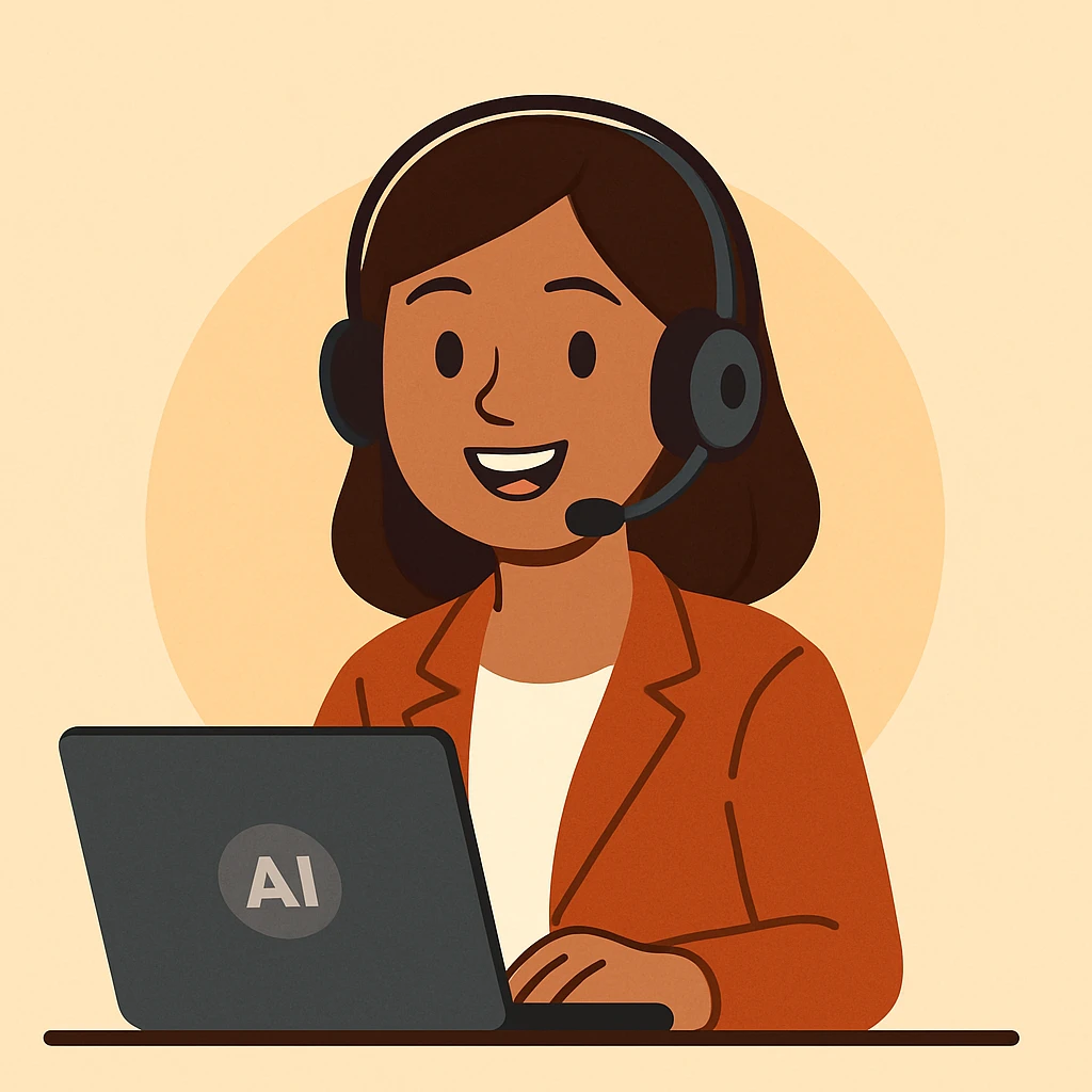 flat toon style AI voice receptionist with headset, cheerful, simple background emoji